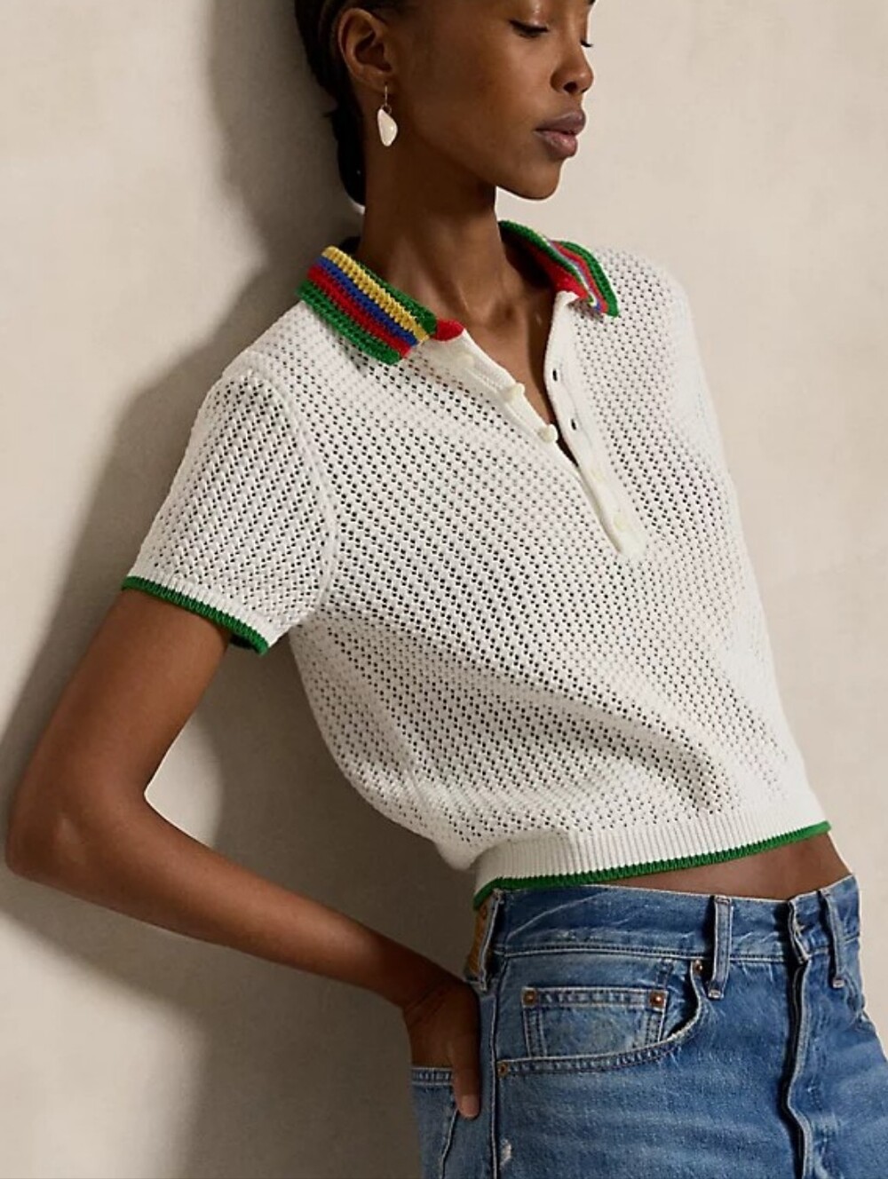 NWT Polo Ralph Lauren Striped-Collar Pointelle Polo Shirt White Medium
